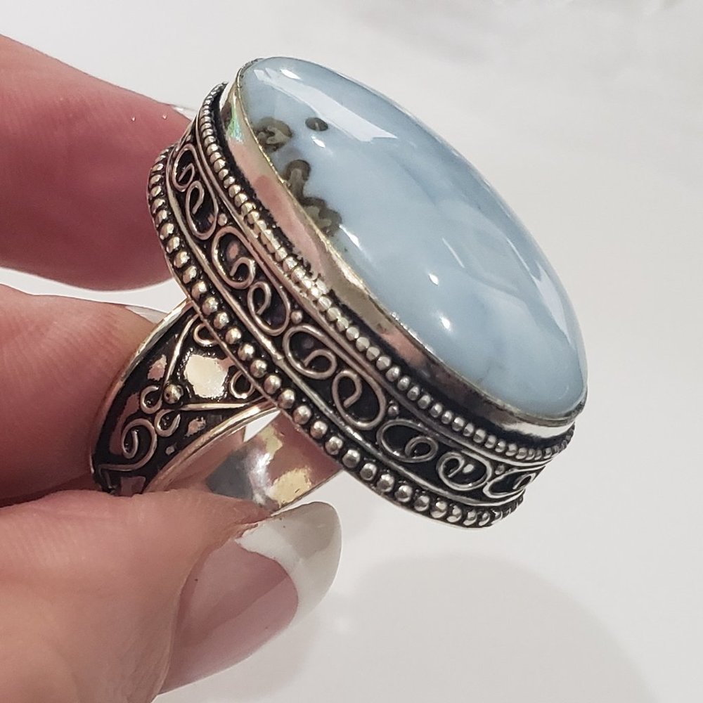 Handmade Natural Blue Owyhee Opal 925 Vintage Antique Ring